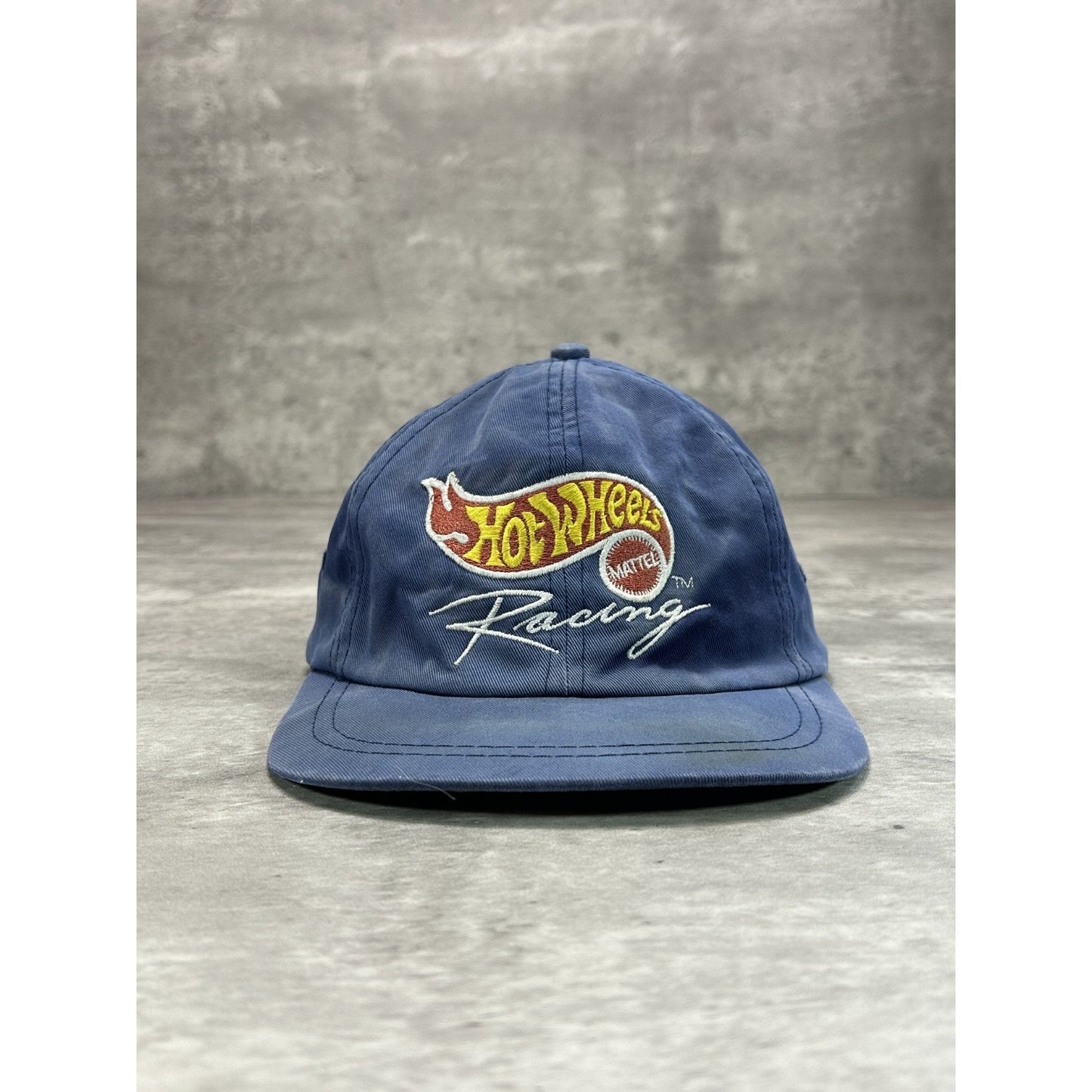 Vintage 90s Hot Wheels Racing Embroidered Spellout Logo Strapback Hat OSFA Blue