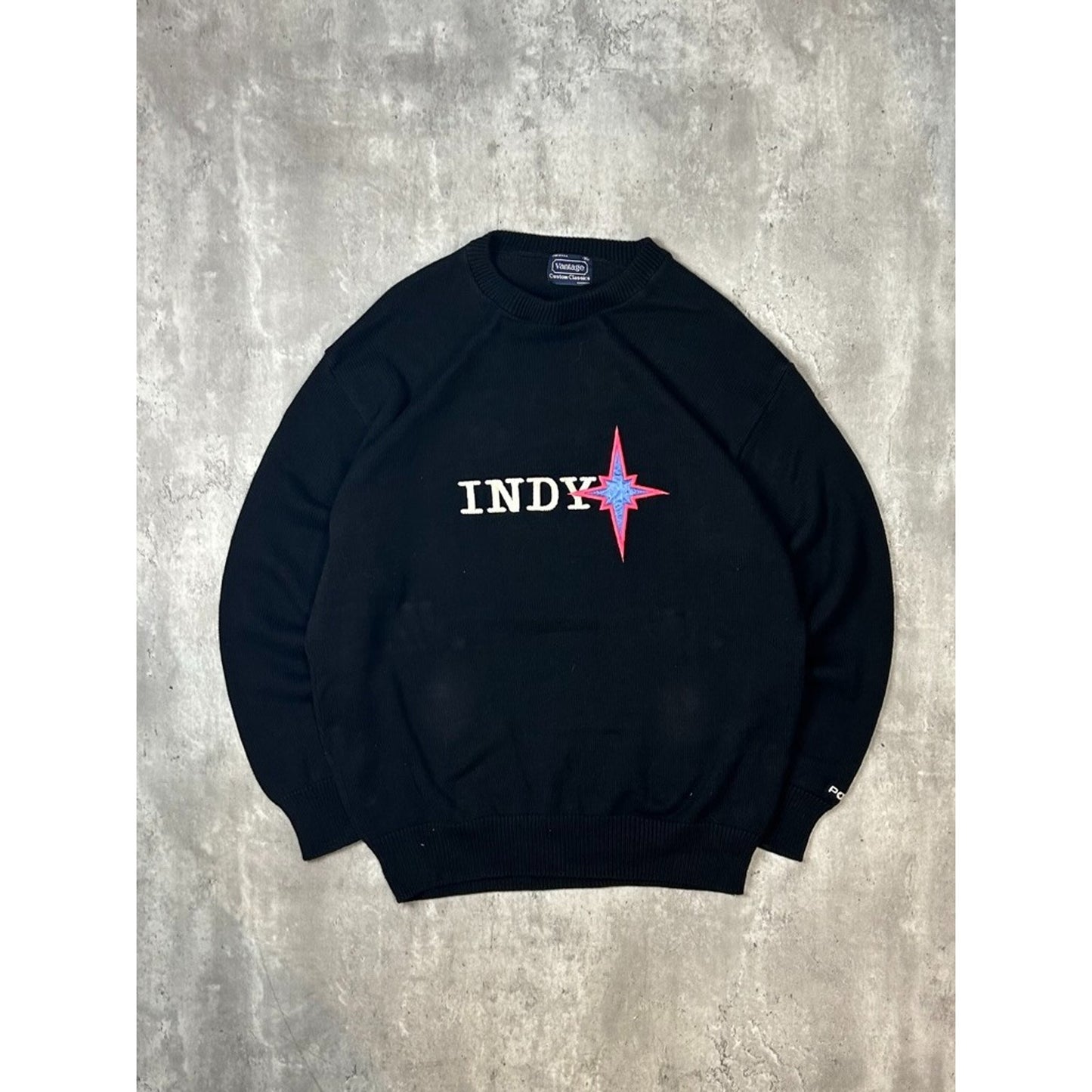 Vintage 90s Indy Embroidered Spellout Ribbed Knit Sweater Size XL Black