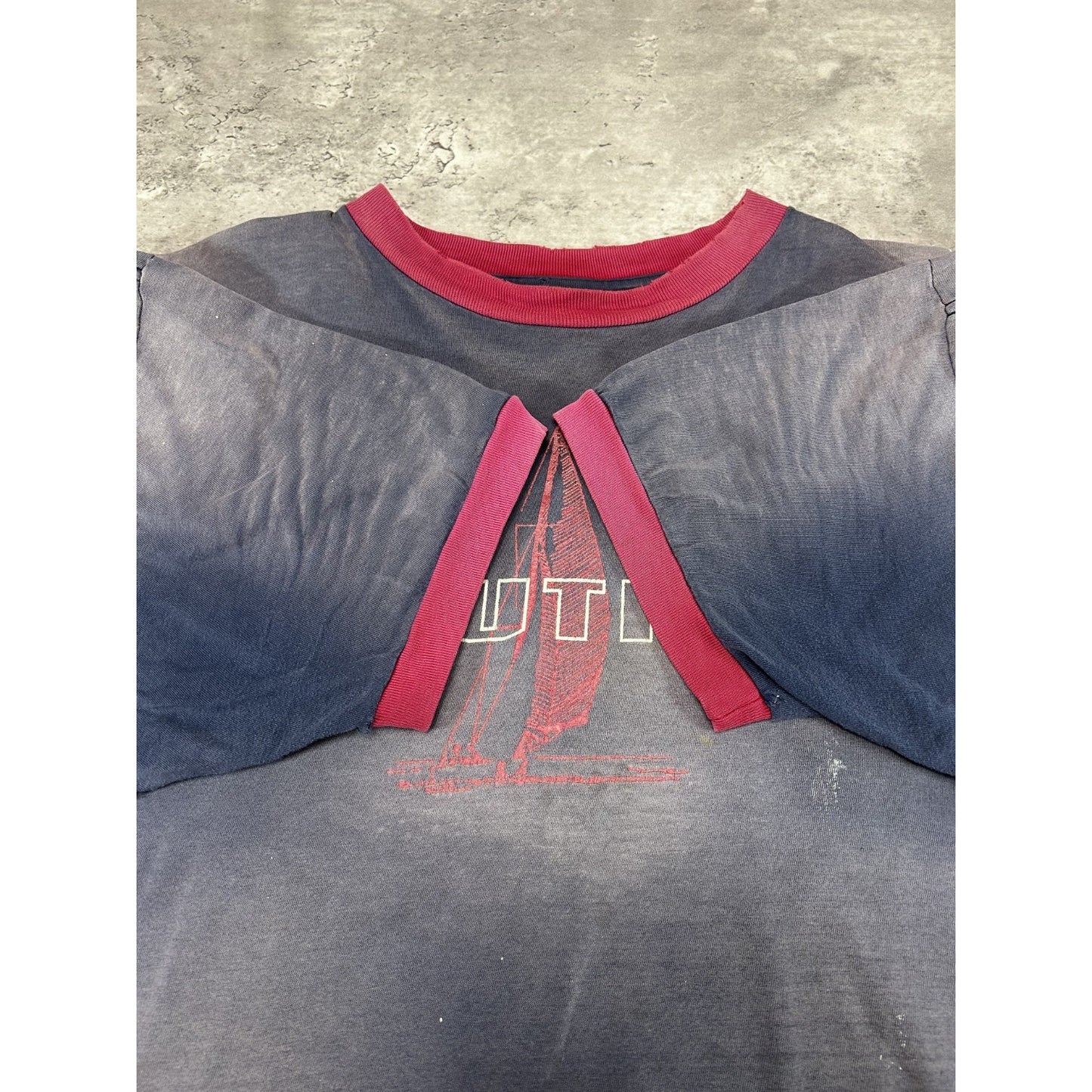 Vintage 90s Nautica Faded Sailboat Graphic Spellout Ringer T-Shirt Size XL