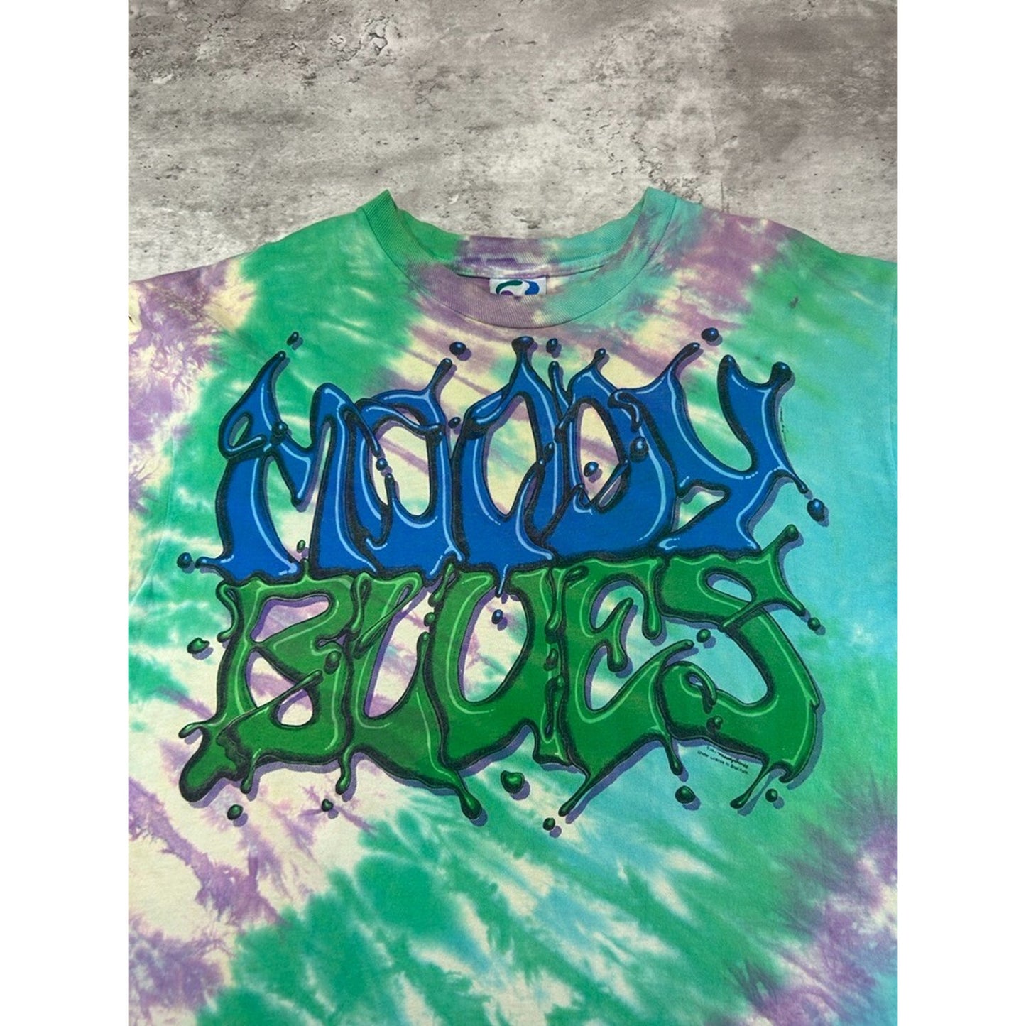 Vintage 1991 Moody Blues Tye Dye Rock Music Graffiti Spellout T-Shirt Size XL