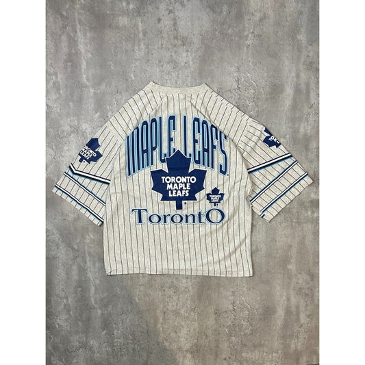 VTG 90s Toronto Maple Leafs NHL Pinstripe All Over Print 3/4 Sleeve T-Shirt Lg