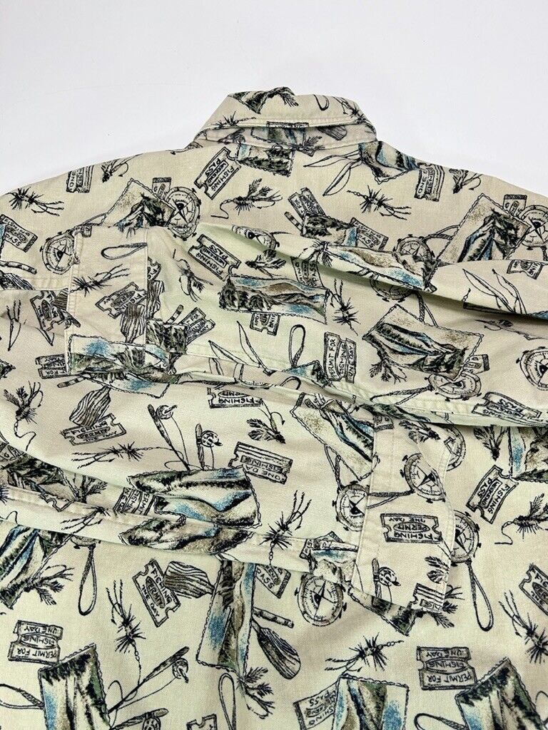 Vintage 90s Woolrich Fishing Graphic AOP Long Sleeve Button Up Shirt Size Medium