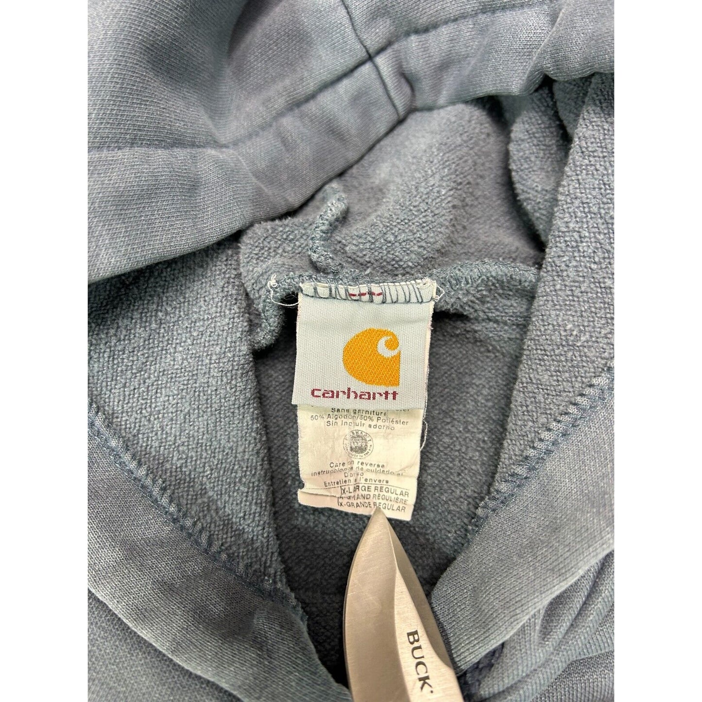 Vintage Carhartt Embroidered Logo Hooded Workwear Sweatshirt Size XL Blue