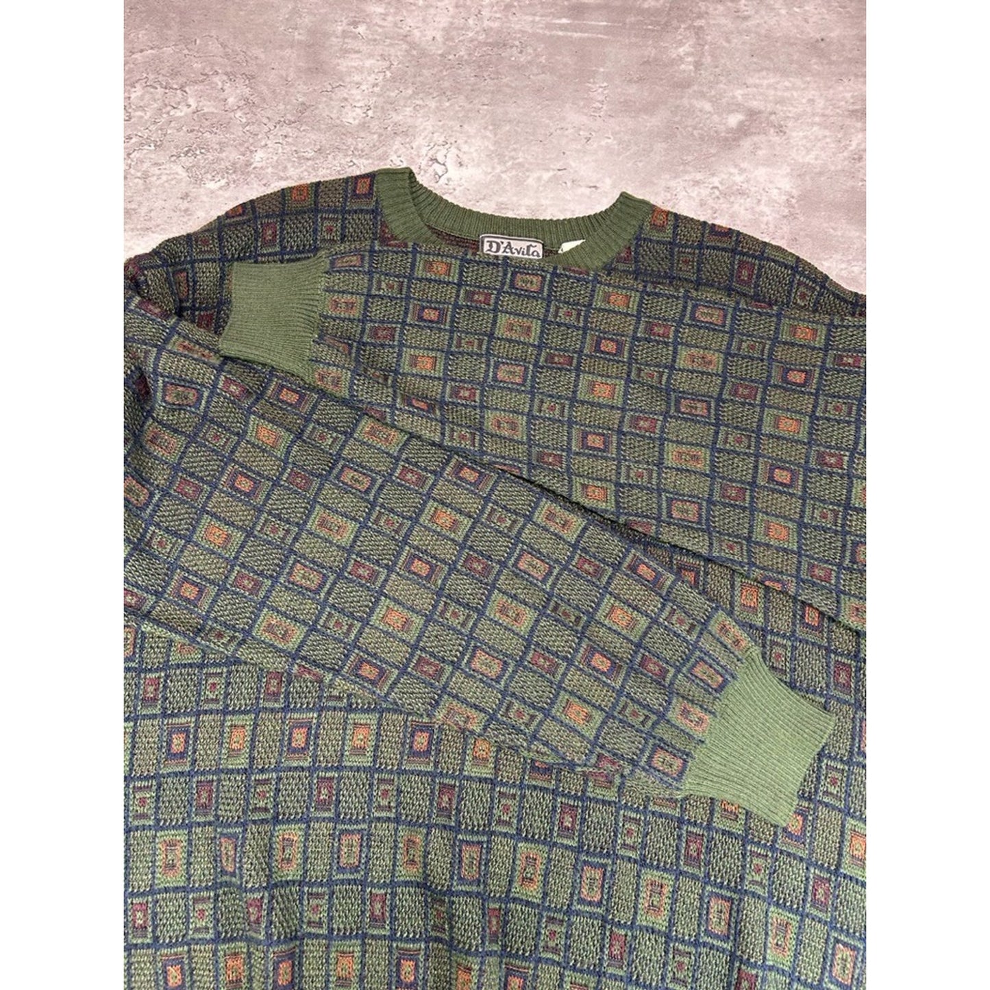 Vintage 90s D'Avila Abstract Checkered Pattern Pullover Knit Sweater Size XL
