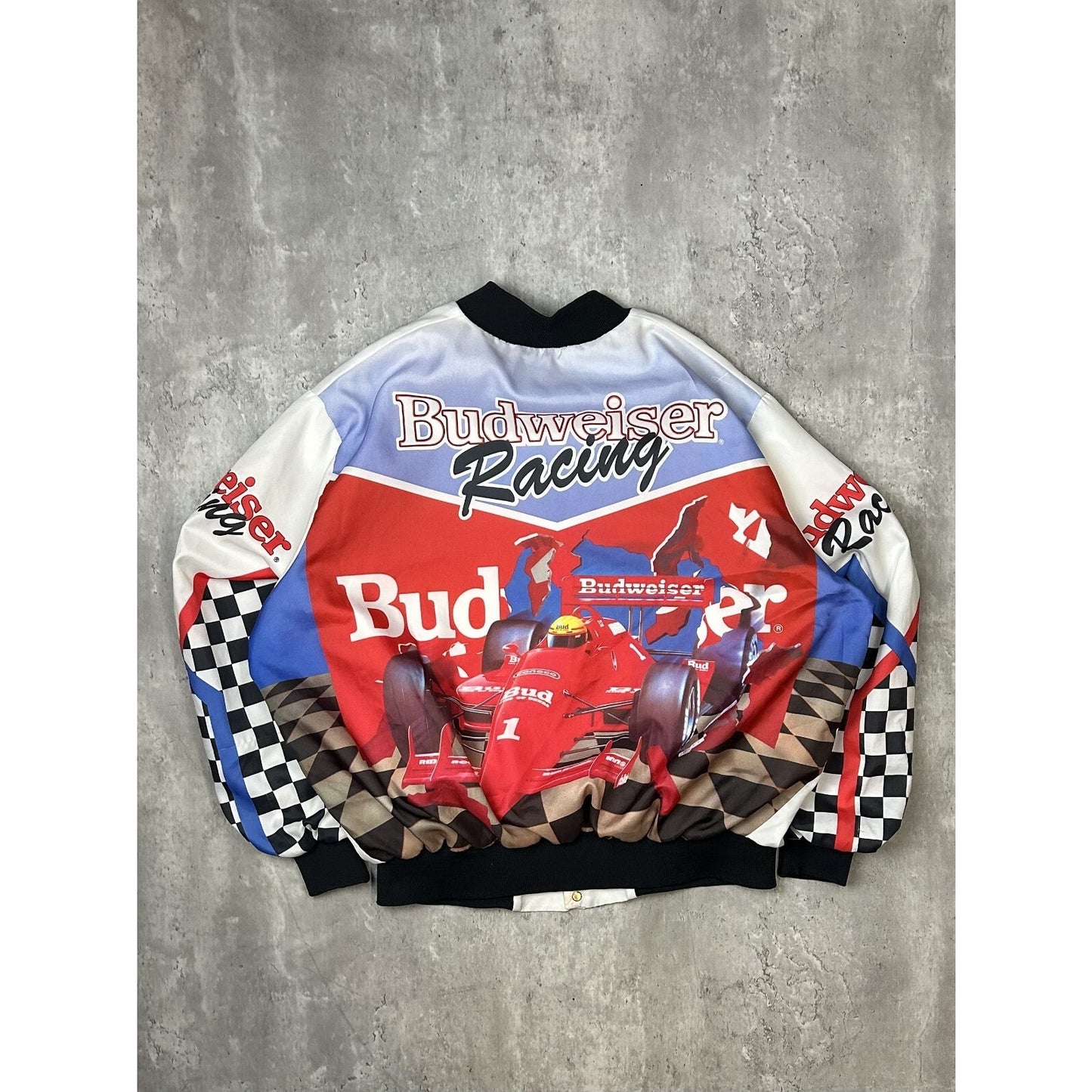 Vintage 90s Budweiser Racing Nascar Chalk Line Bomber Jacket Size 2XL