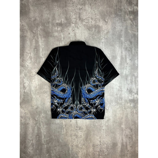 Vintage Y2K Flame Dragon All Over Print Short Sleeve Button Up Shirt Size Medium