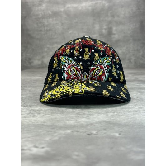 Vintage Ed Hardy Bedazzled Embroidered Roses Trucker Snapback Hat OSFA Black