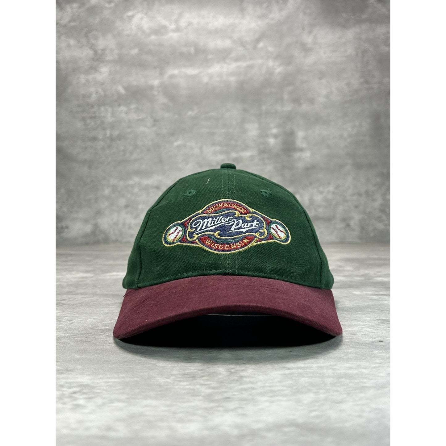 Vintage 90s MIller Park Embroidered Logo Baseball Strapback Hat OSFA Green