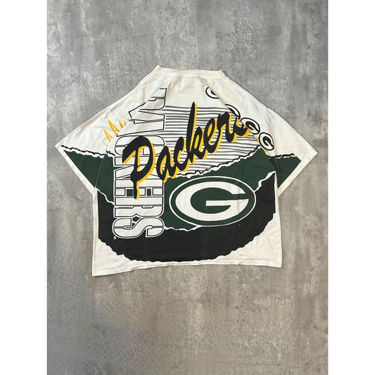 Vintage 90s Green Bay Packers NFL All Over Print Graphic T-Shirt Size 3XL