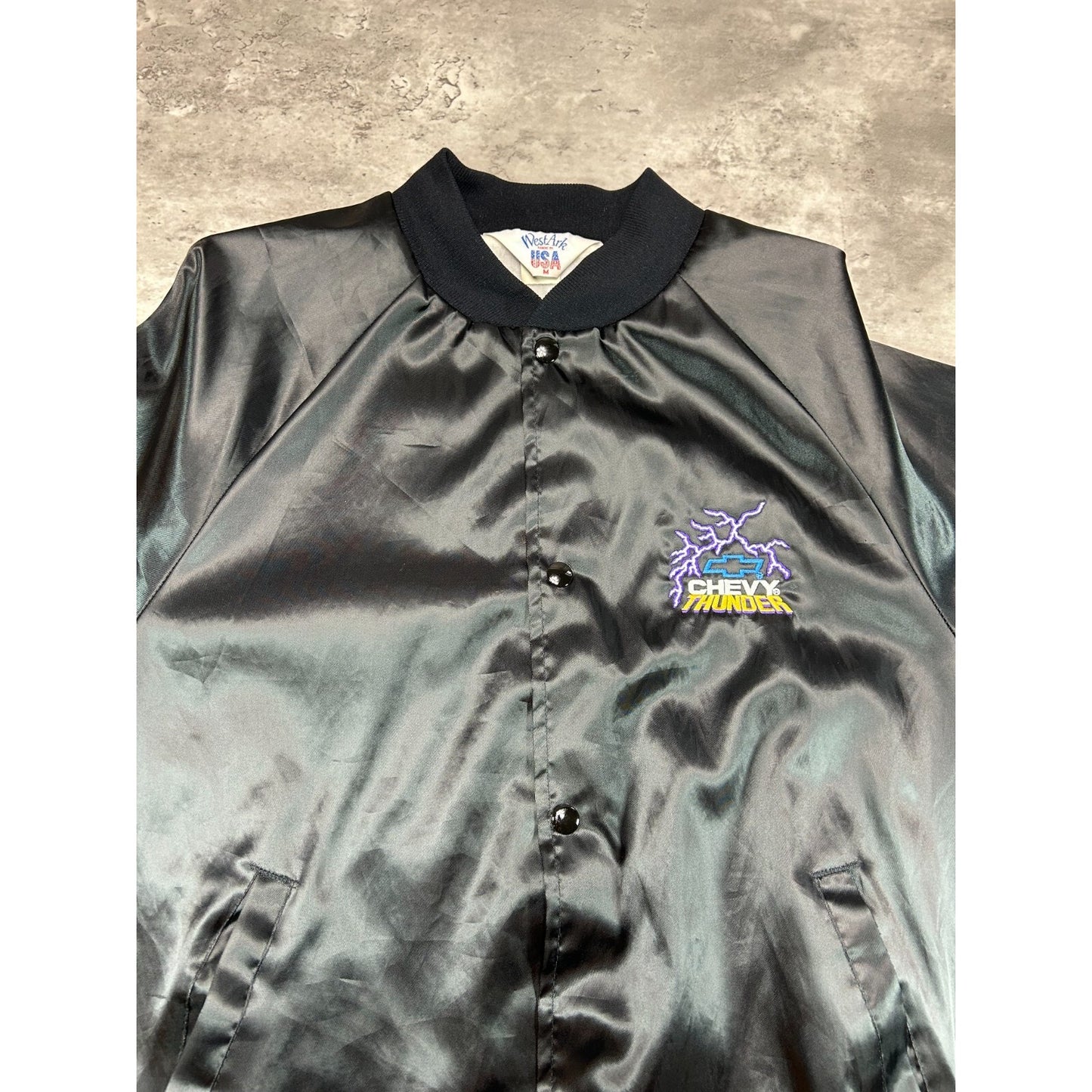 Vintage 80s Chevy Thunder Embroidered Lightning Satin Bomber Jacket Size Medium