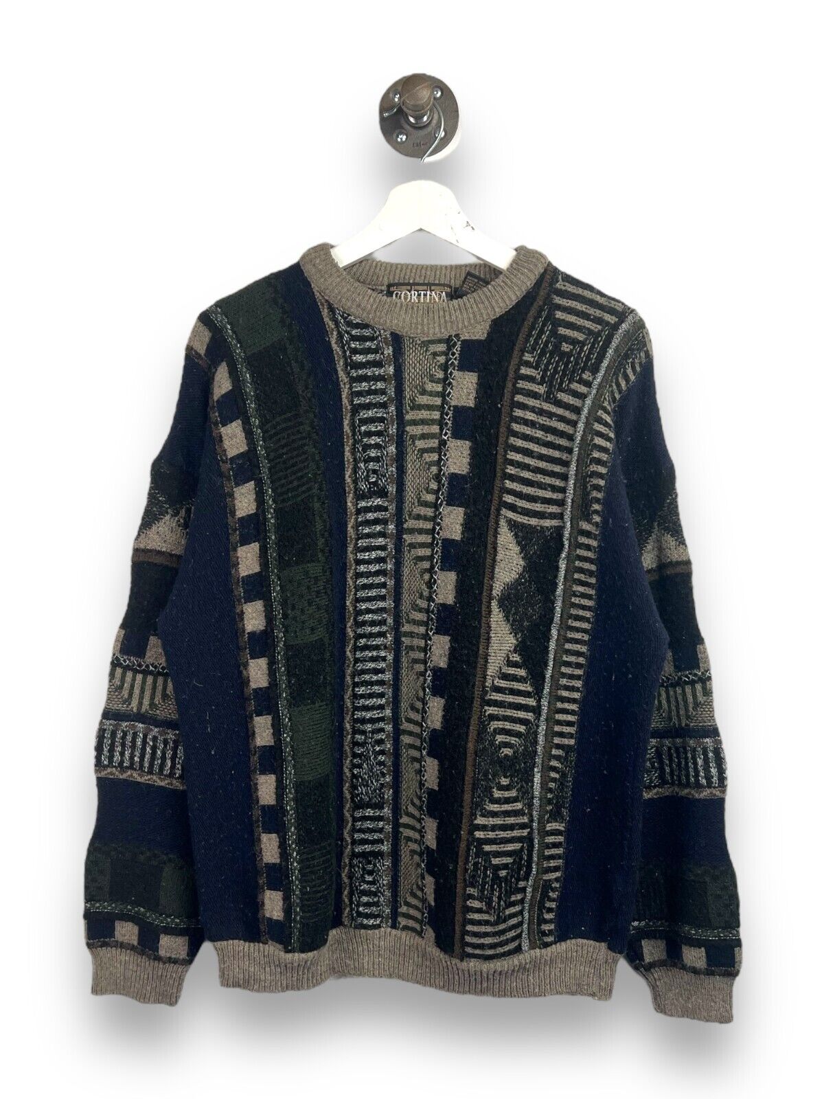 Vintage 90s Cortina Itali Abstract Stripe Pattern Ribbed Knit Sweater Size XL
