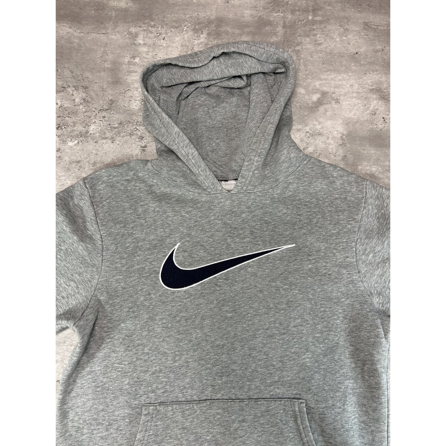 Vintage Nike Embroidered Big Swoosh Pullover Hooded Sweatshirt Size Medium Gray