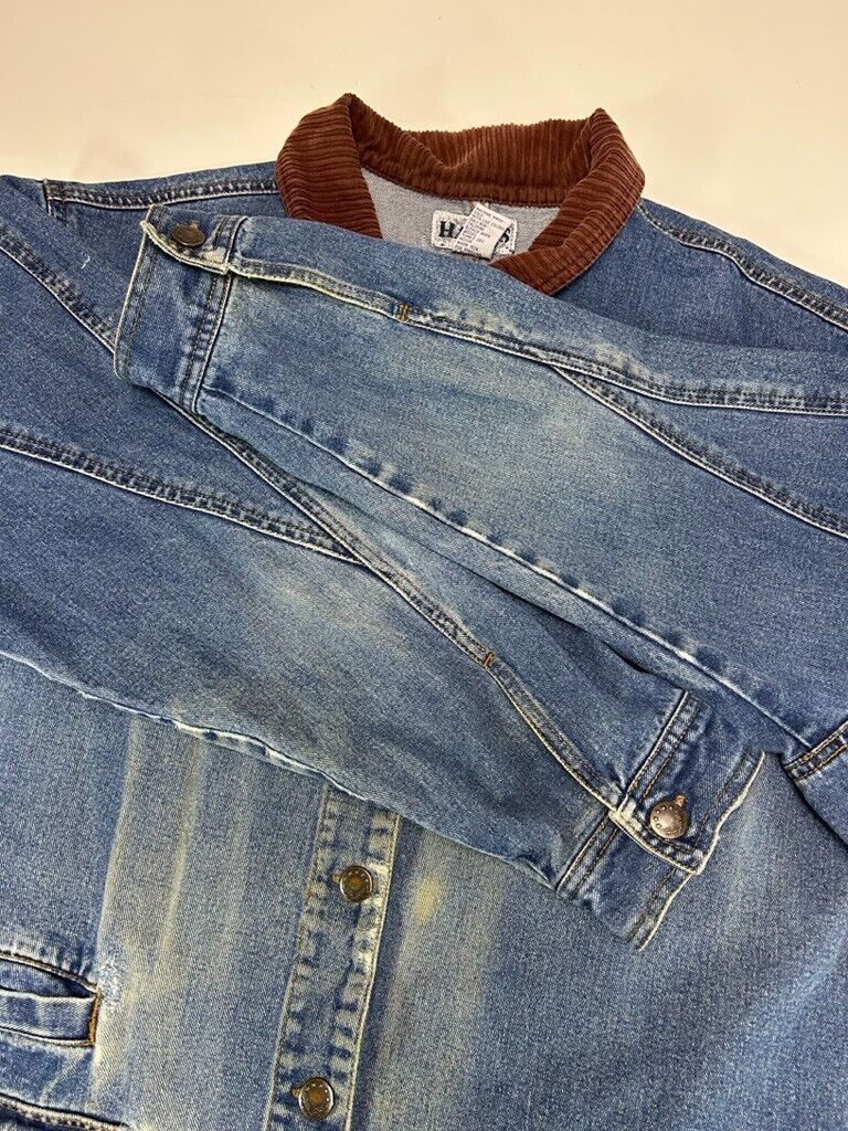 Vintage 90s Haik's Medium Wash Denim Button Up Long Chore Jacket Size XL Blue