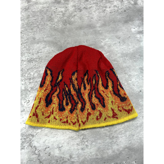 Vintage Y2K 200s Flame Print Detailed Graphic Beanie Hat OSFA Red