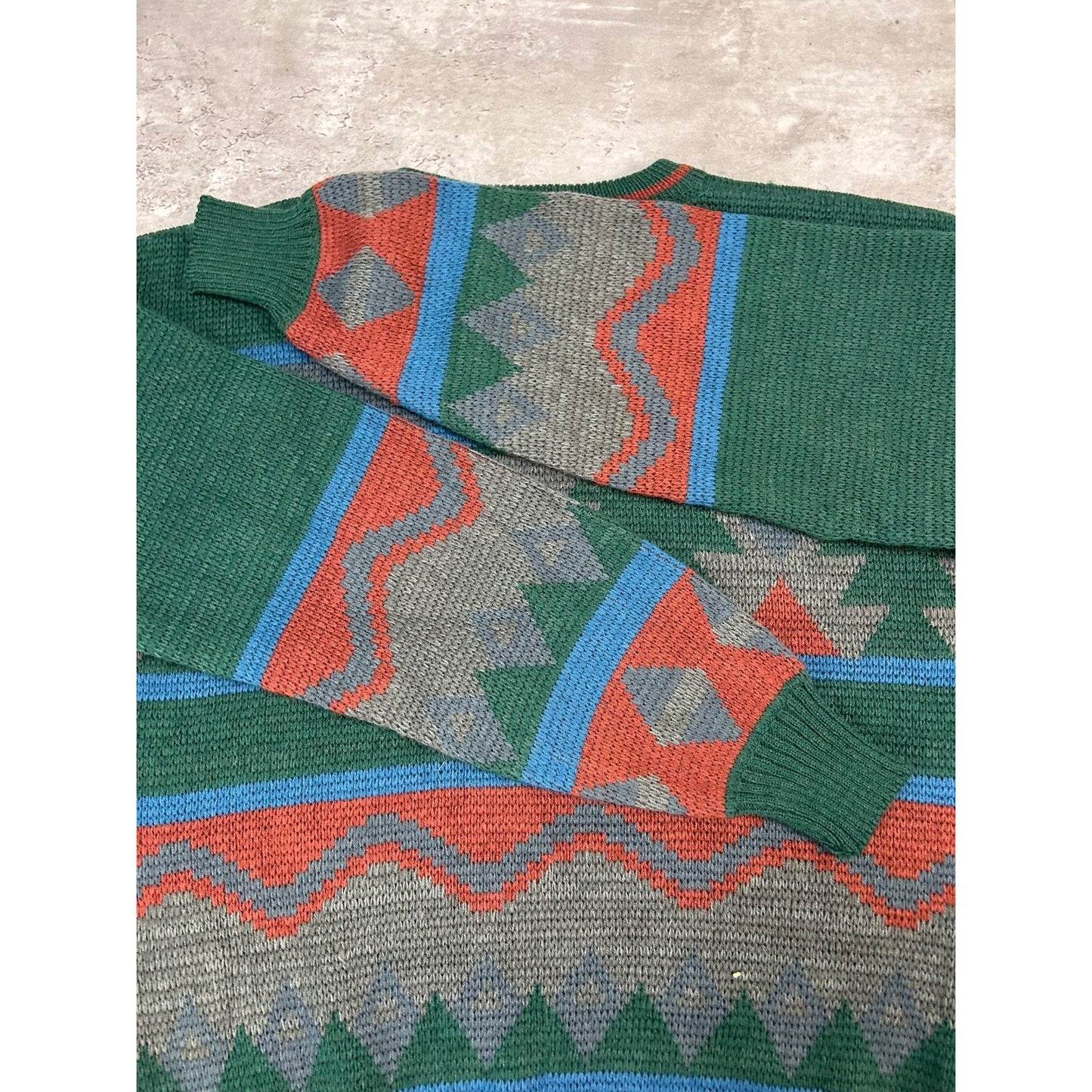 Vintage Campus Geometric Pattern Knit Sweater Size Large Green