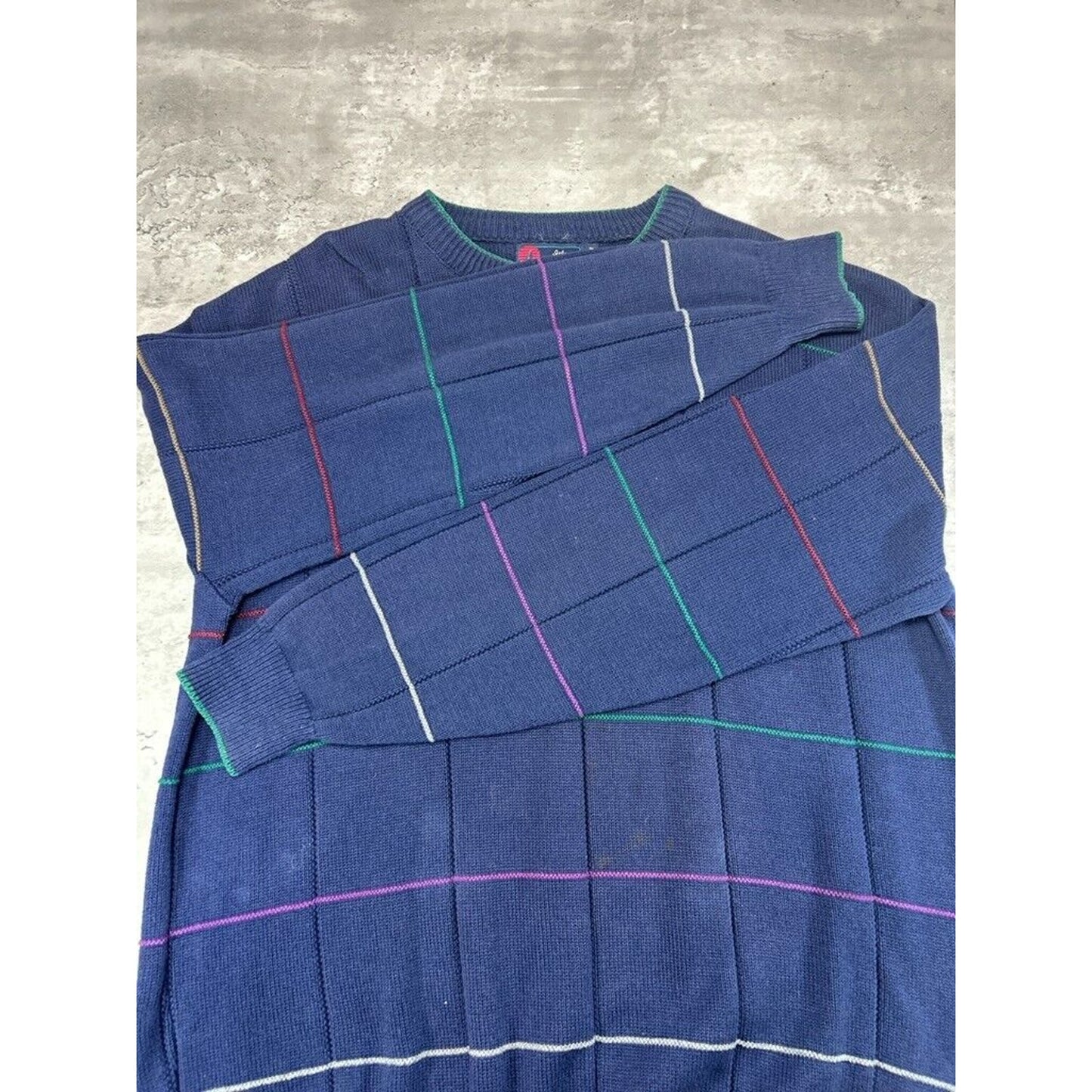 Vintage 90s Isle Of Cotton Checkered Print Pullover Knit Sweater Size XXL Blue