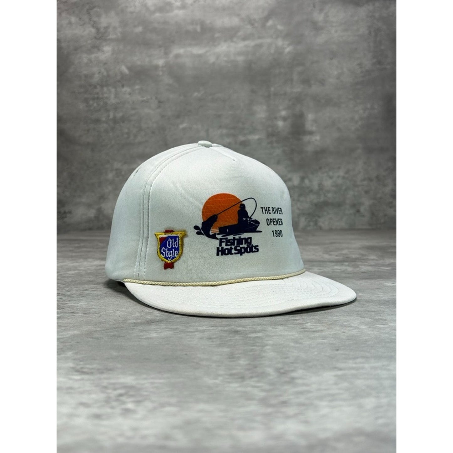 Vintage 1990 Fishing Spots The River Opener Graphic Trucker Snapback Hat OSFA