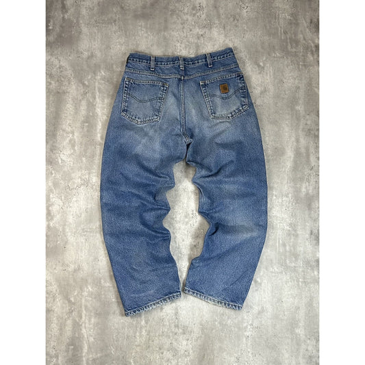 Vintage Carhartt Plaid Lined Medium Wash Workwear Denim Pants Size 34 Blue