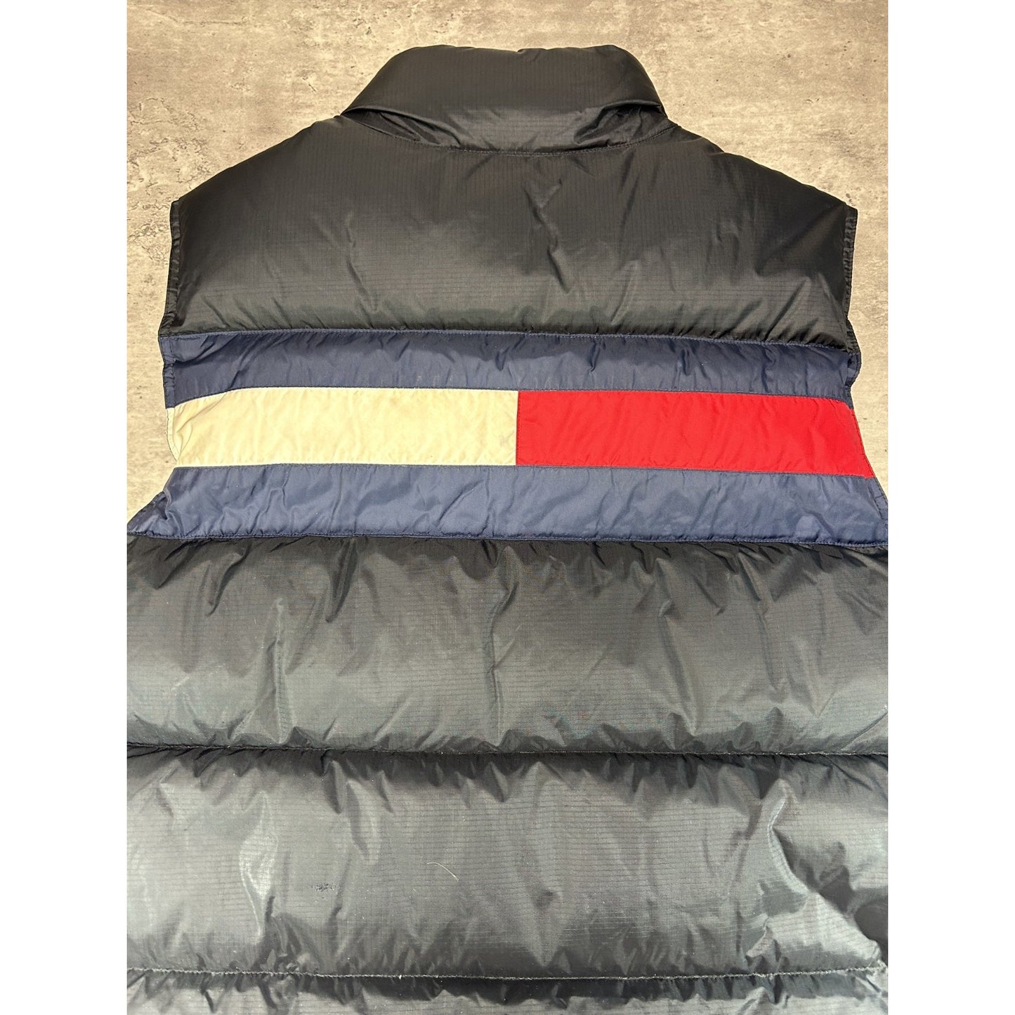 Vintage Tommy Hilfiger Embroidered Flag Full Zip Puffer Vest Size Large Black