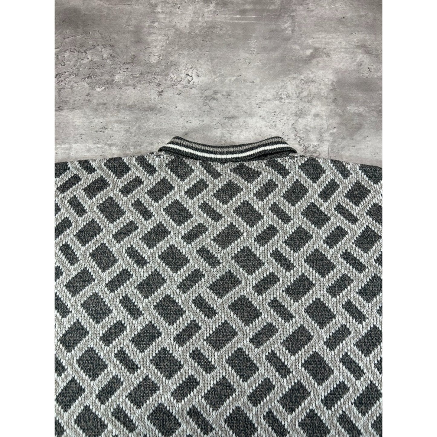 Vintage 90s Bugle Boys Abstract Print 1/4 Button Knit Sweater Size Large Gray