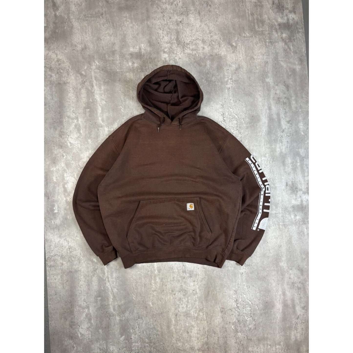 Vintage Carhartt Sleeve Spellout Workwear Hooded Sweatshirt Size Large Brown