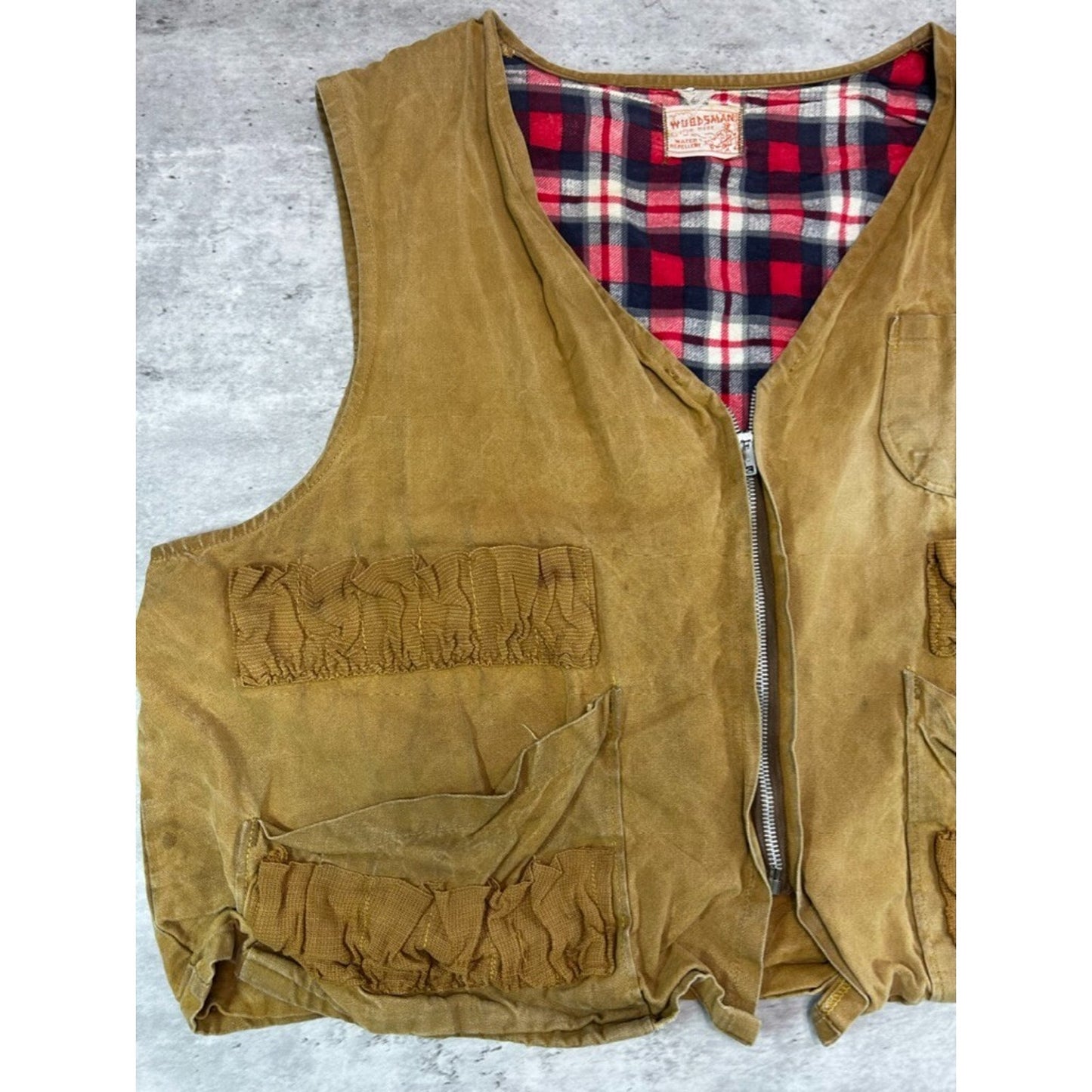Vintage 1950s Woodsman Canvas 1/2 Plaid Lined Hunting Vest Size Large