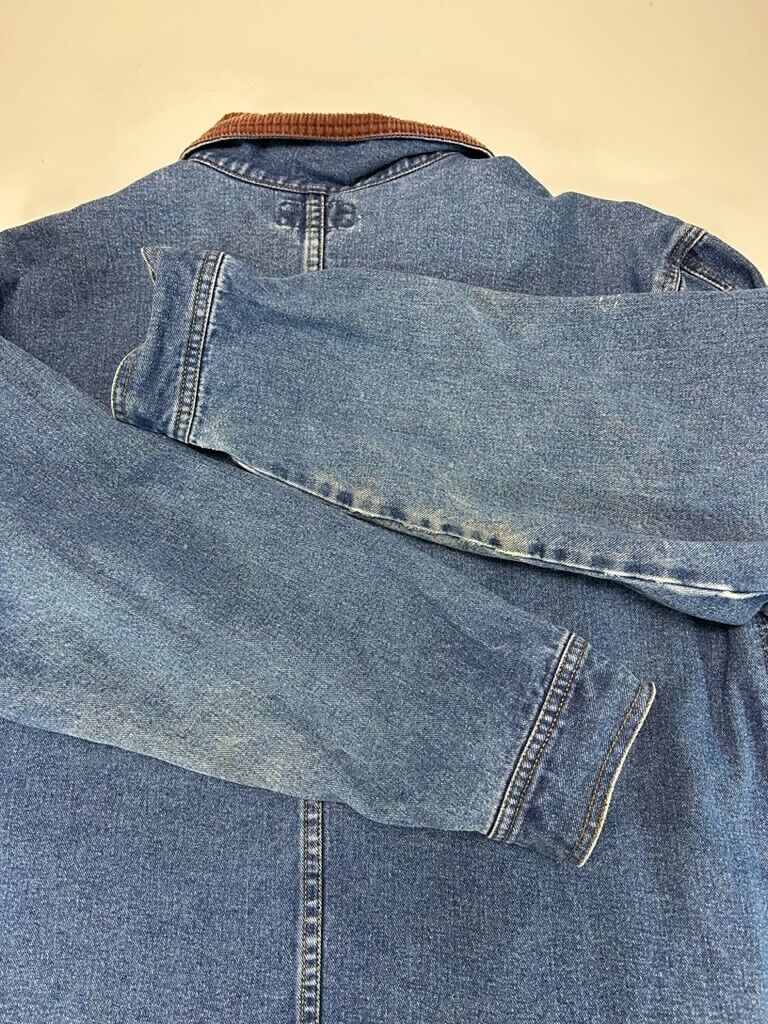 Vintage 90s Haik's Medium Wash Denim Button Up Long Chore Jacket Size XL Blue