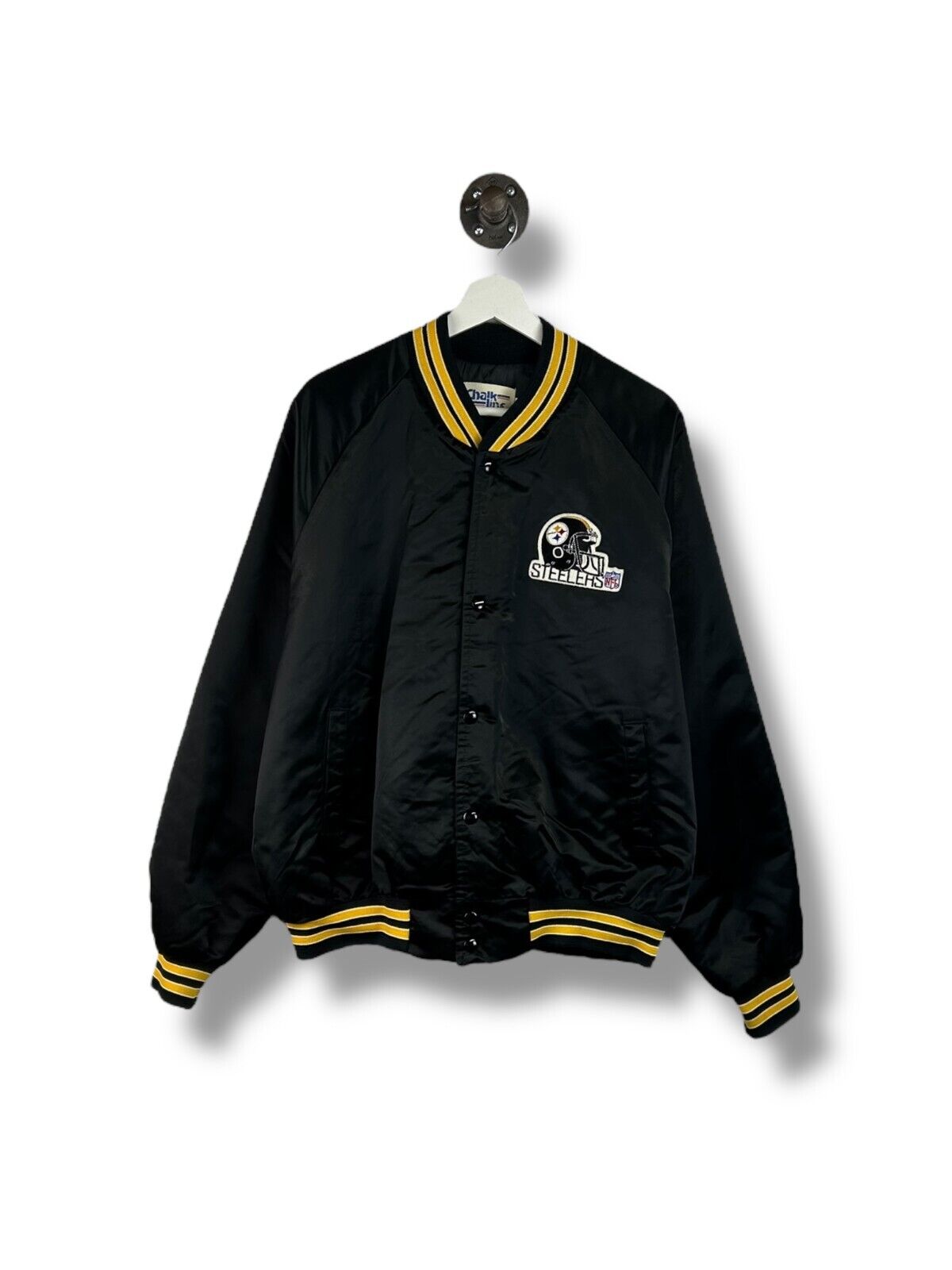 Vintage 80s Pittsburgh Steelers NFL Satin Chalk Line Bomber Jacket Size XL Black