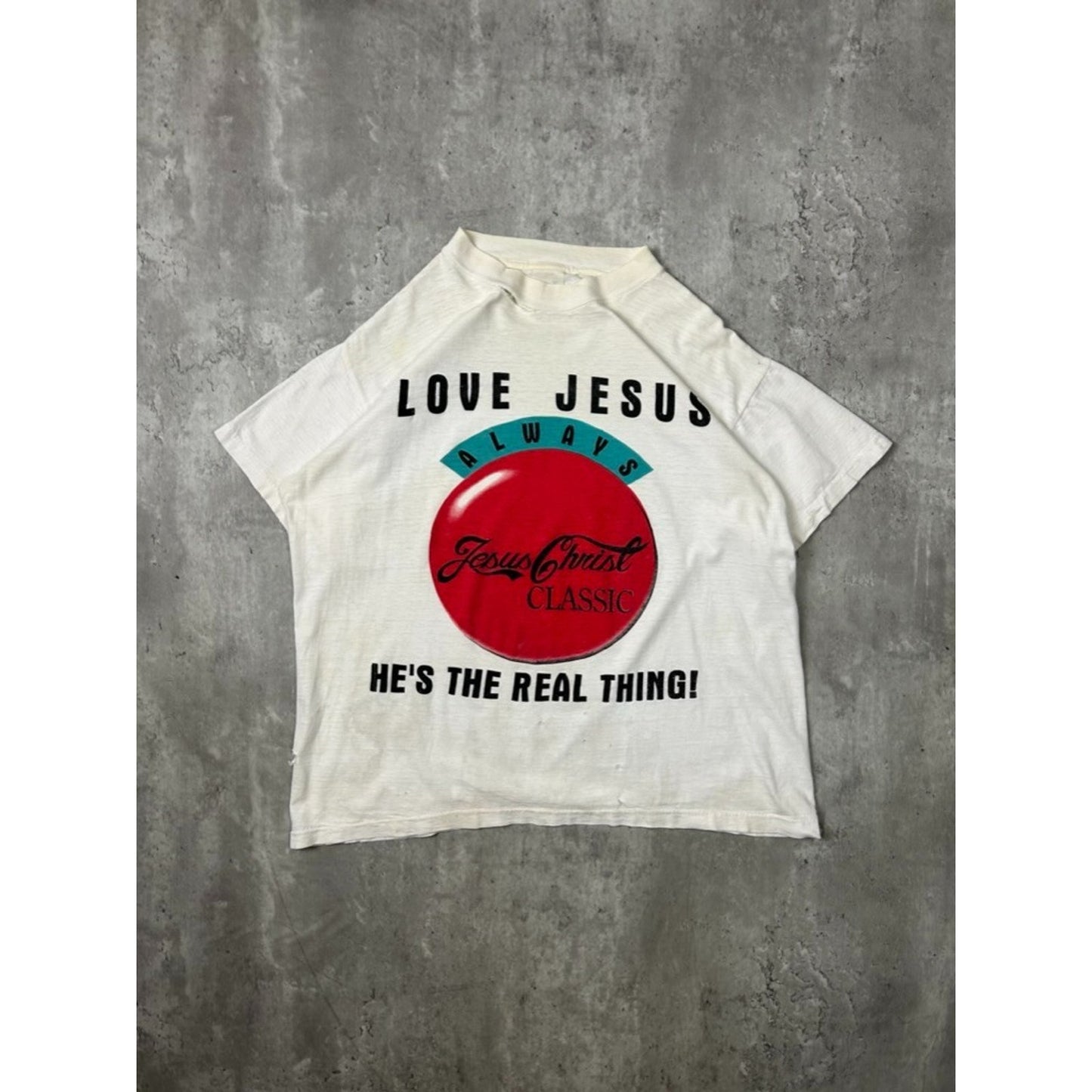 Vintage 90s Love Jesus Hes The Real Deal Parody Graphic T-Shirt Size Large