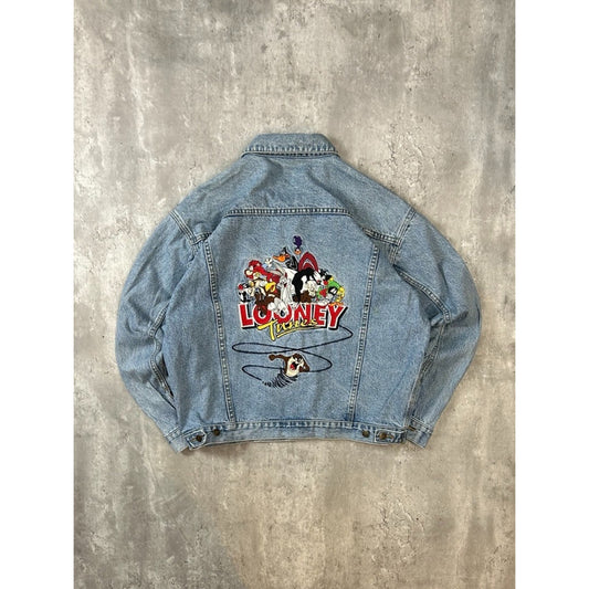 Vintage 90s Looney Tunes Embroidered Light Wash Denim Jacket Size Large