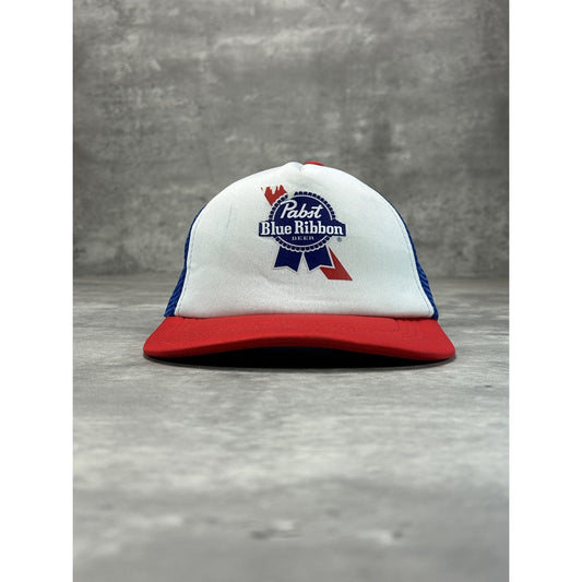 Vintage 90s Pabst Blue Ribbon Beer Promo Graphic Trucker Snapback Hat OSFA
