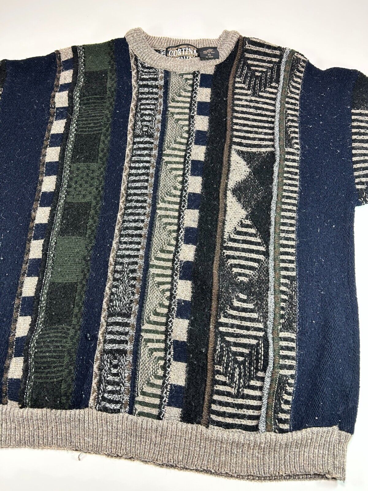 Vintage 90s Cortina Itali Abstract Stripe Pattern Ribbed Knit Sweater Size XL