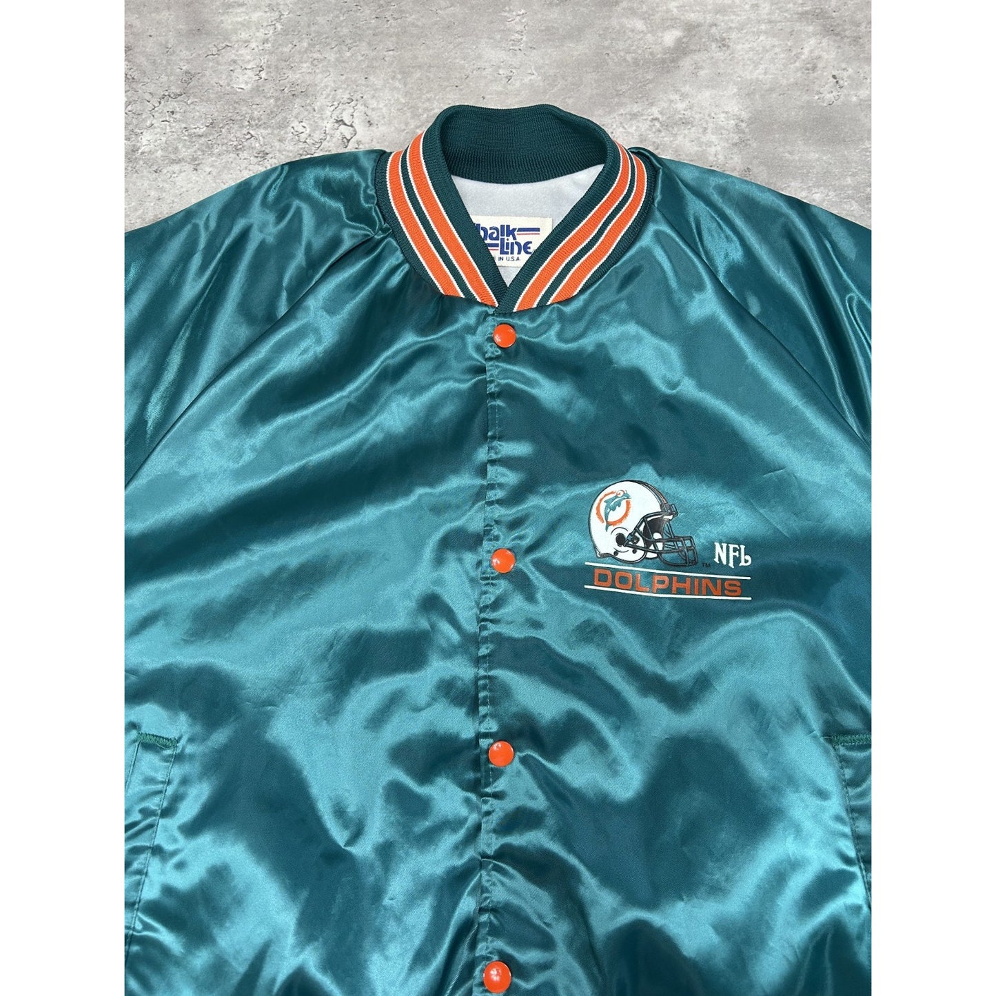 Vintage 80s Miami Dolphins NFL Satin Chalk Line Bomber Jacket Size XL