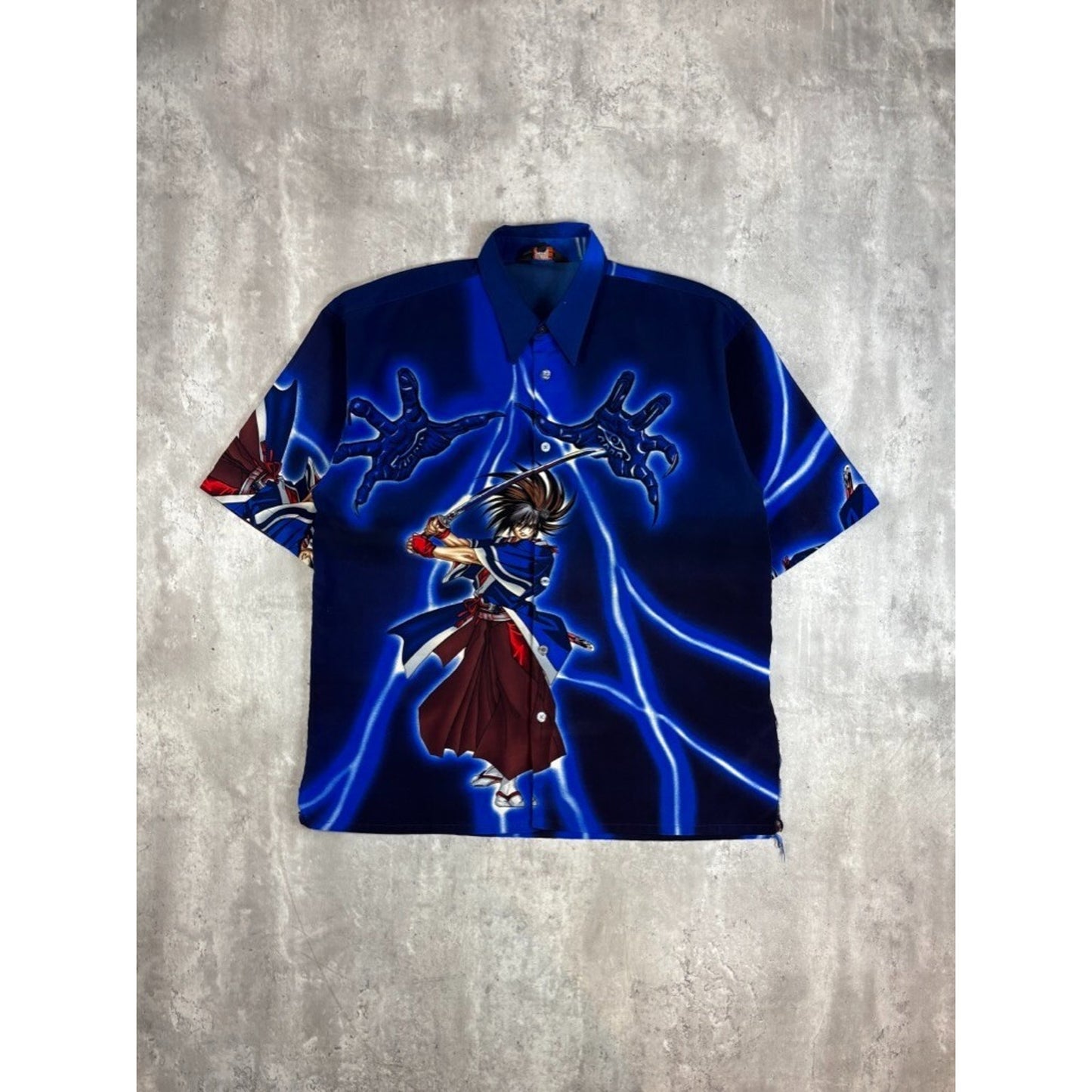 Vintage Y2K Anime Samurai All Over Print Short Sleeve Button Up Shirt Size Large