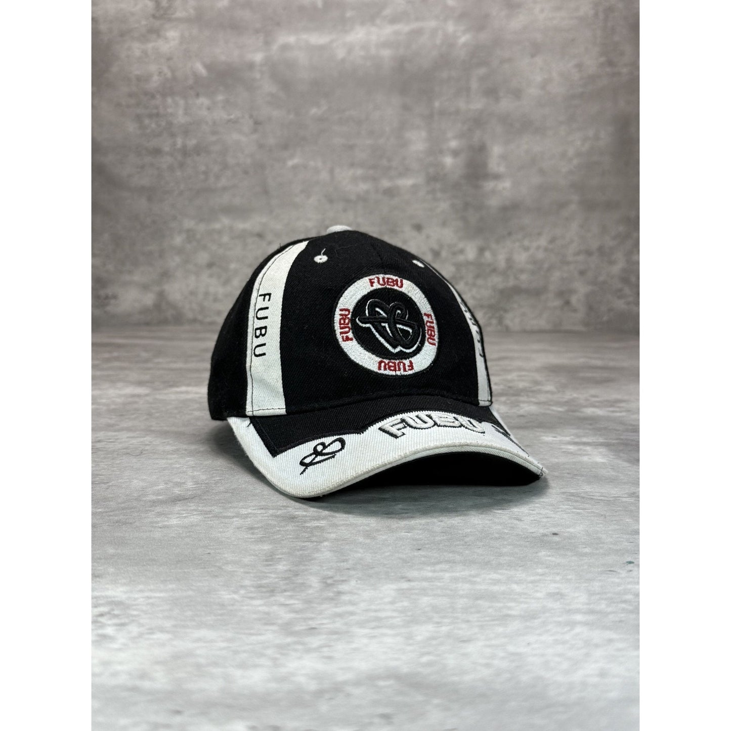 Vintage Y2K Fubu Embroidered Spellout Two Tone Strapback Hat OSFA Black/White
