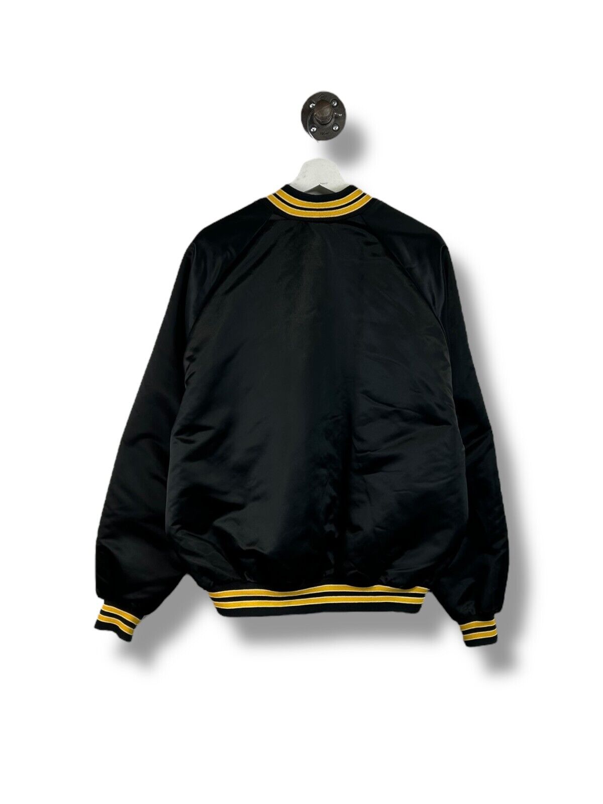 Vintage 80s Pittsburgh Steelers NFL Satin Chalk Line Bomber Jacket Size XL Black