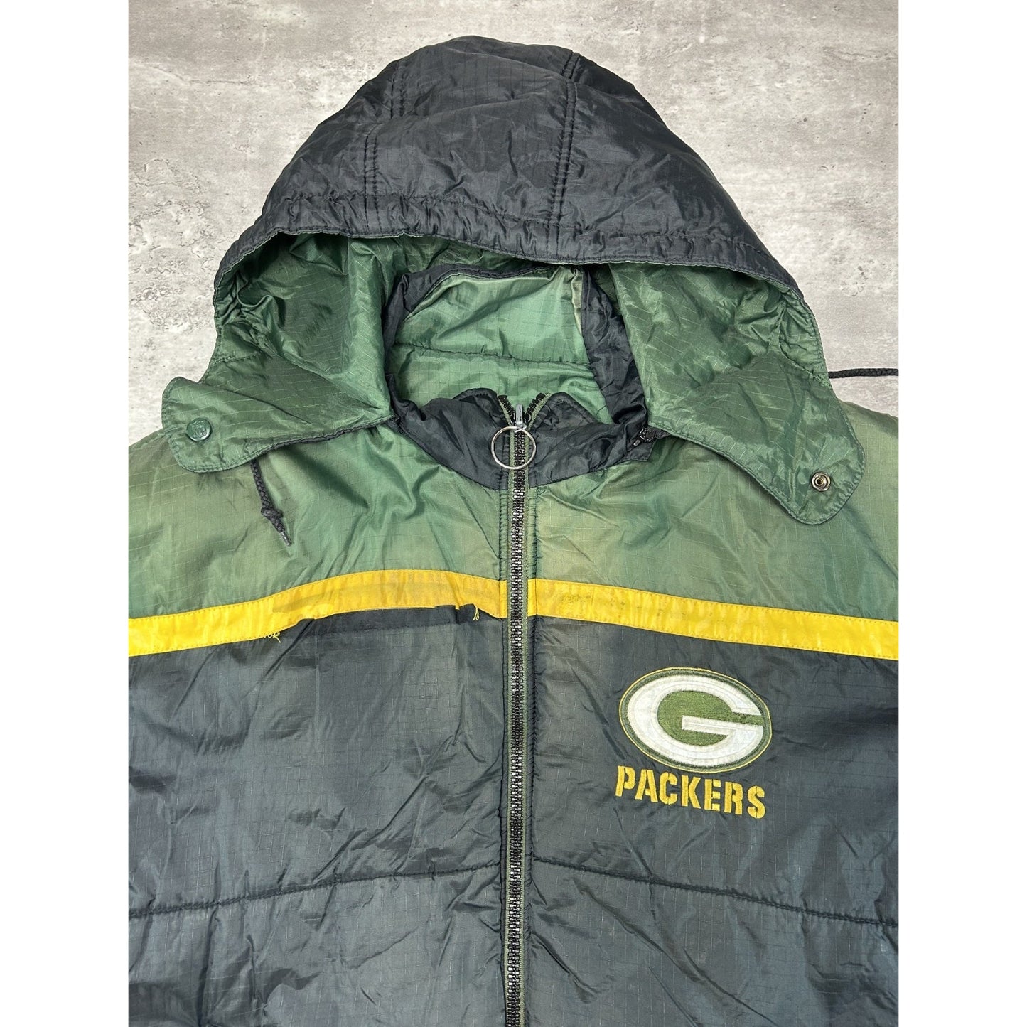Vintage 90s Green Bay Packers NFL Insulated Full Zip Hooded Jacket Size Large