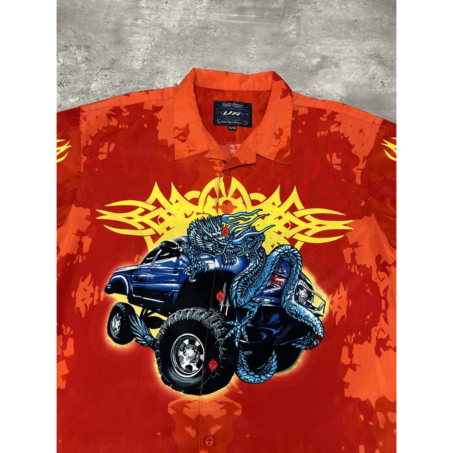 Vintage Y2K Urban Rags Tribal Truck Graphic All Over Print Button Up Shirt Sz XL