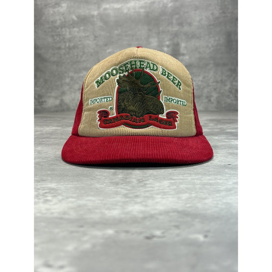 Vintage 90s Moosehead Lager Graphic Logo Corduroy Beer Promo Snapback Hat OSFA