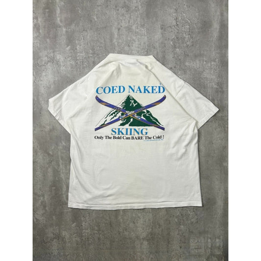 Vintage 90s Coed Naked Skiing Comedy Spellout Graphic T-Shirt Size XL White