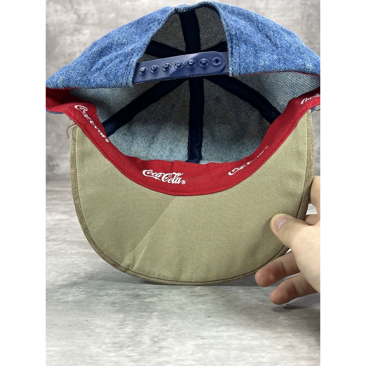 Vintage 90s Coca Cola Embroidered Spellout Logo Denim Snapback Hat OSFA