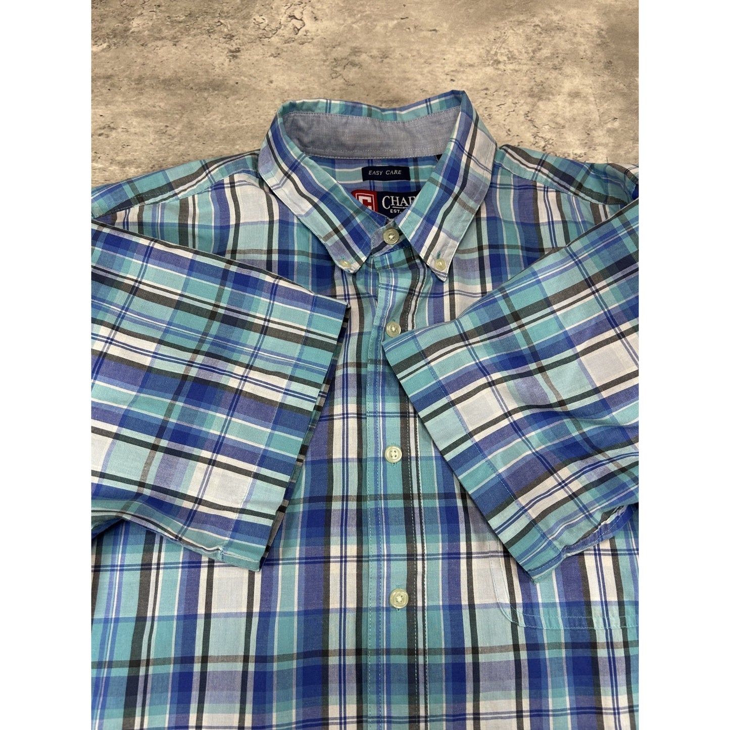 Vintage Chaps Plaid Print Short Sleeve Reworked Cropped Button Up Shirt Sz Large