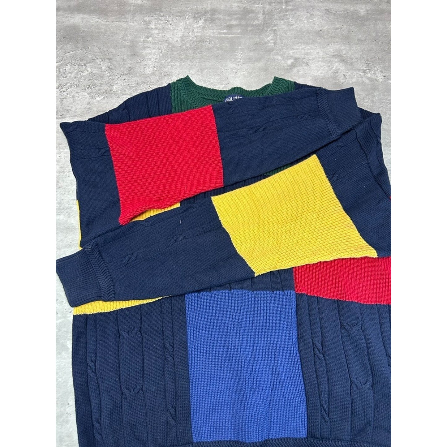 Vintage Nautica Embroidered Crest Panelled Ribbed Knit Sweater Size XL