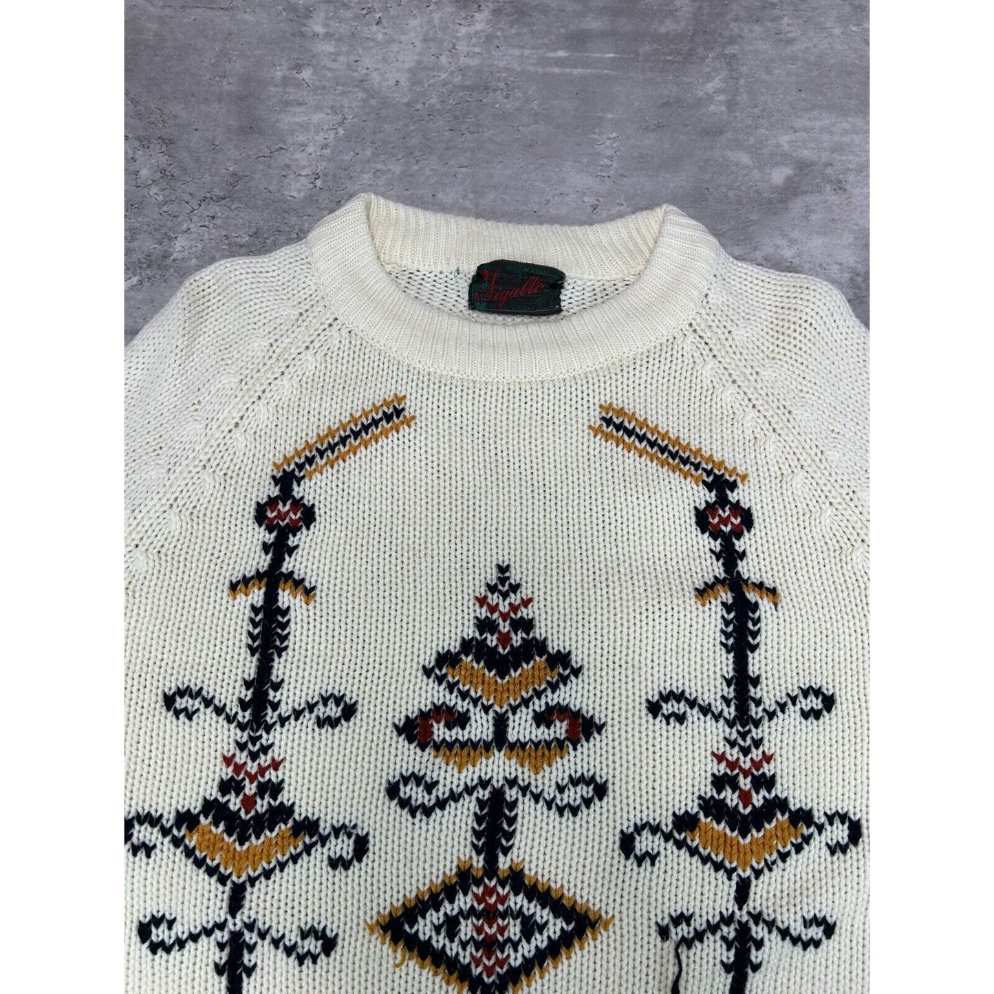 Vintage 1960s Sigallo Abstract Design Pull Over Knit Sweater Size Medium Beige