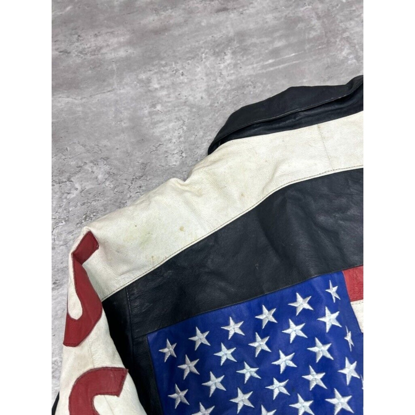 Vintage USA Embroidered Flag Spell Out Leather Bomber Jacket Size Large Black