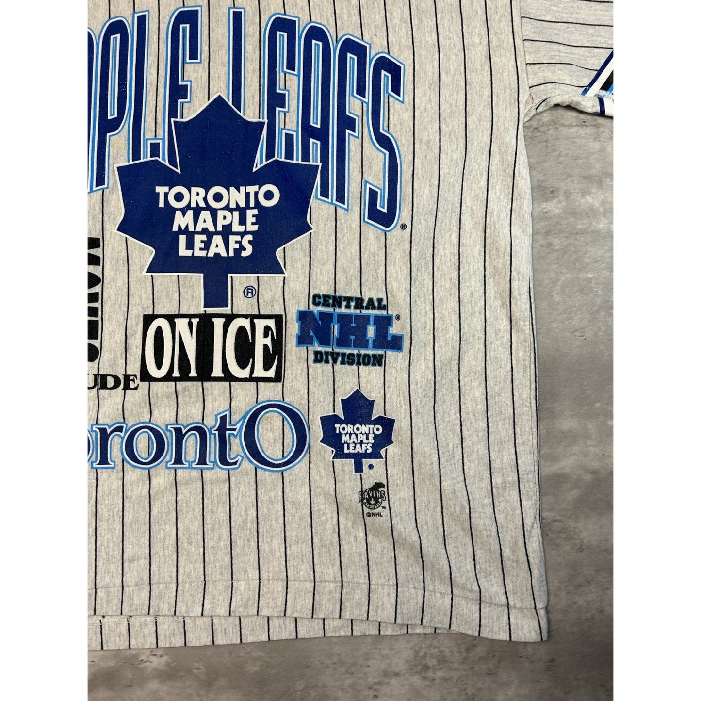 VTG 90s Toronto Maple Leafs NHL Pinstripe All Over Print 3/4 Sleeve T-Shirt Lg
