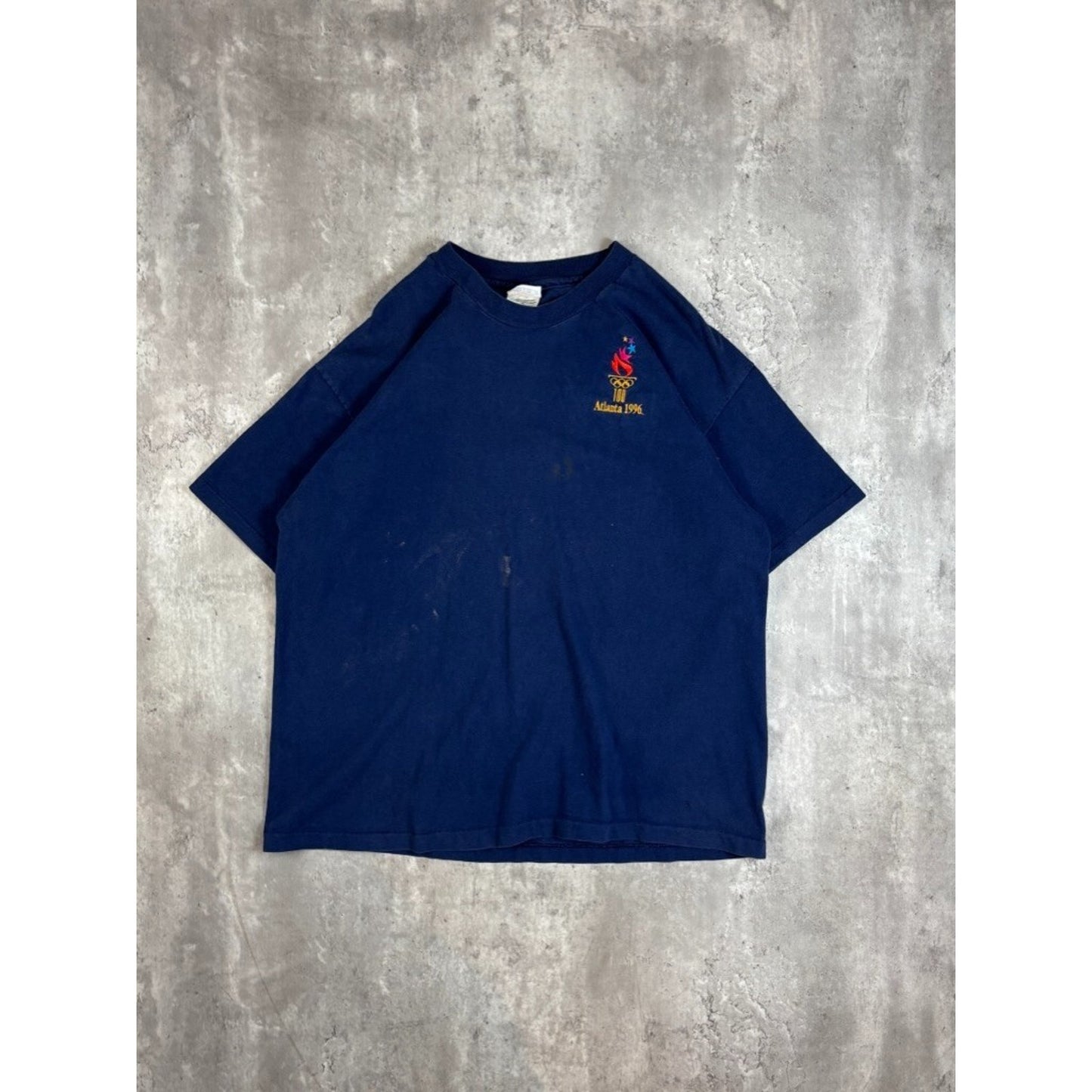 Vintage 1996 Atlanta Olympics Graphic Spellout Logo T-Shirt Size XL Blue