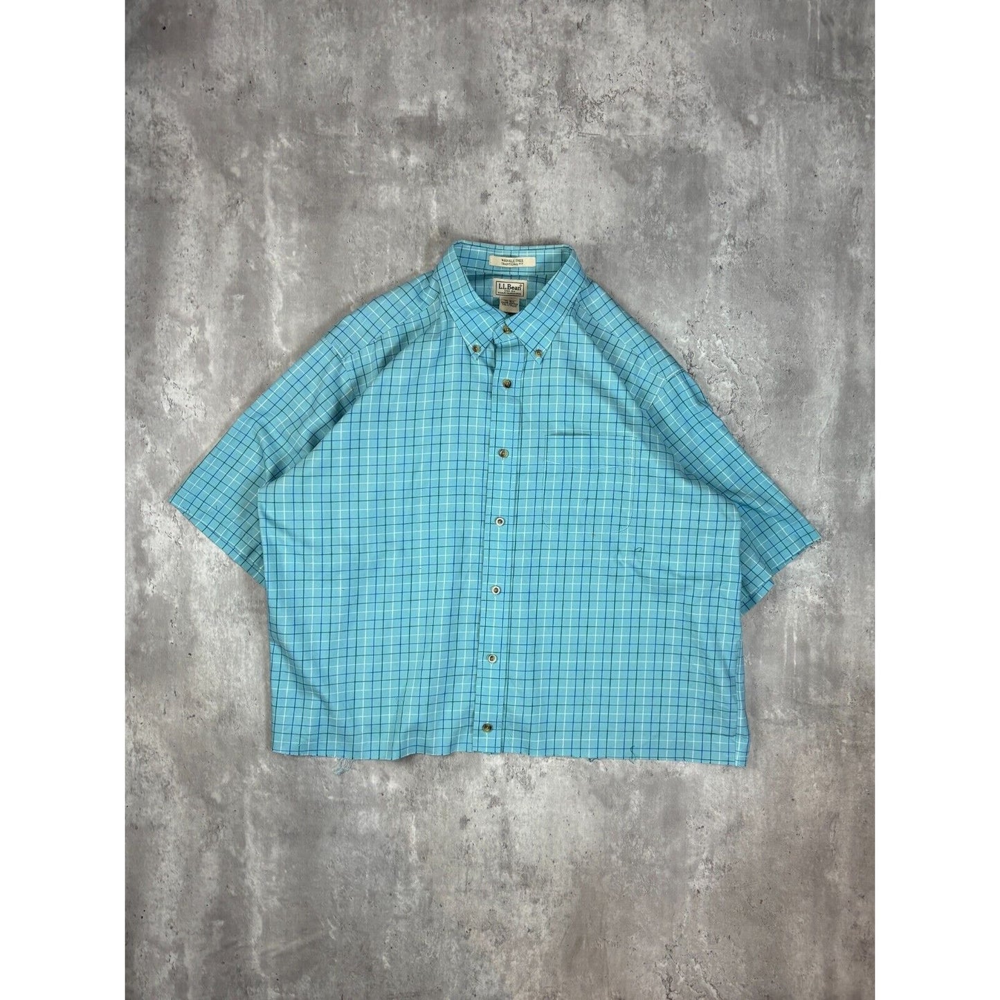 Vintage LL Bean Checkered Short Sleeve Cropped Button Up Shirt Size XL