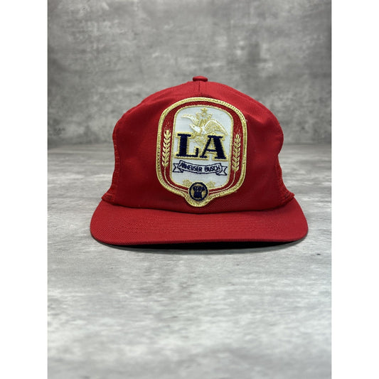 Vintage 80s LA Anheuser Busch Embroidered Patch Trucker Snapback Hat OSFA Red