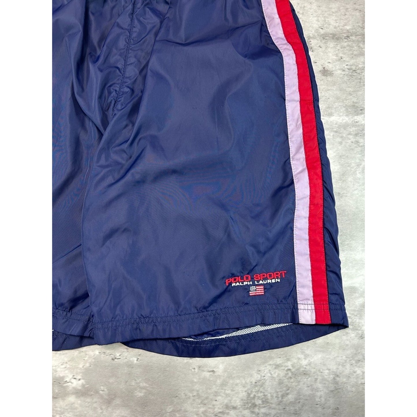 Vintage 90s Polo Ralph Lauren Embroidered Spellout Nylon Shorts Size Large Blue